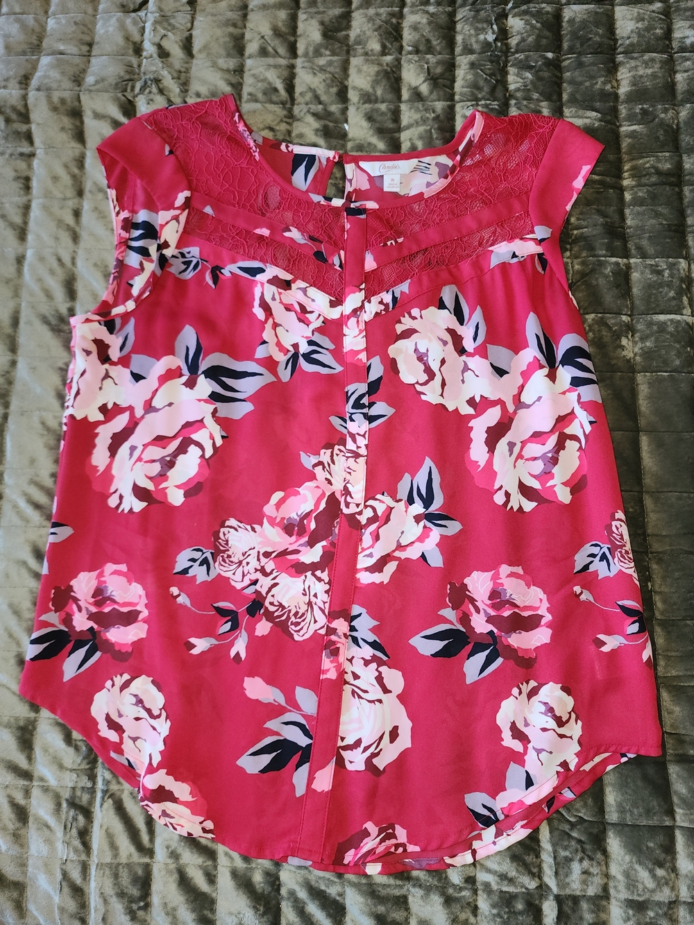 Candie's Hot Pink Floral Lace-Yoke Cap Sleeved Top